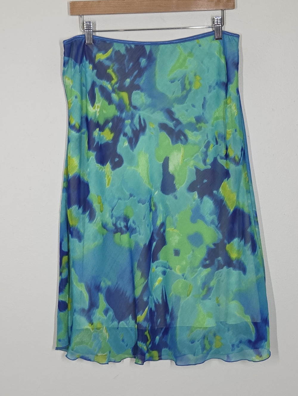Vtg Blue Green Tie Dye Abstract Artsy Midi Skirt Pull On Festival Hippie Boho XL